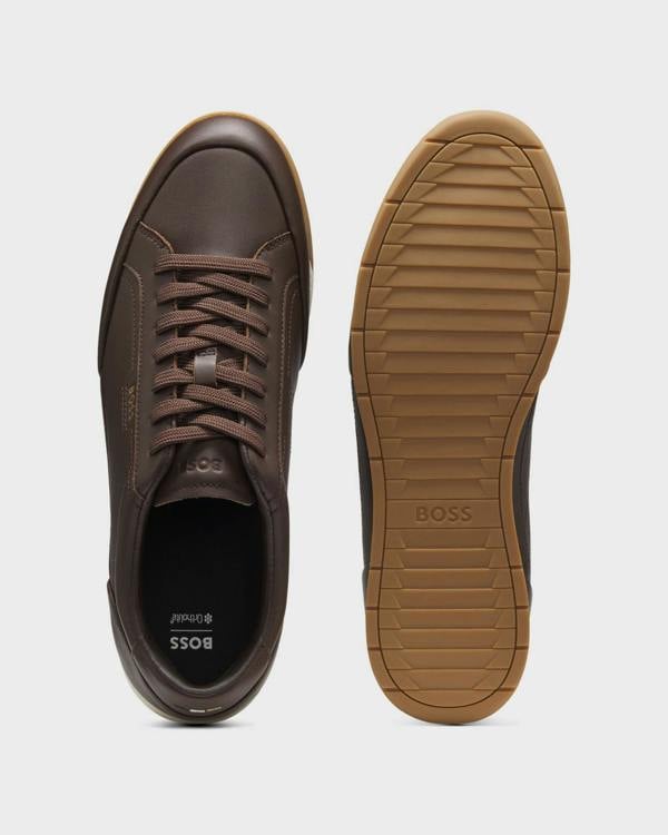 BOSS Orange Nitan Mens Leather Trainers with Foil Logo - Dark Brown 201 | CHO | Designer Mens Trainers