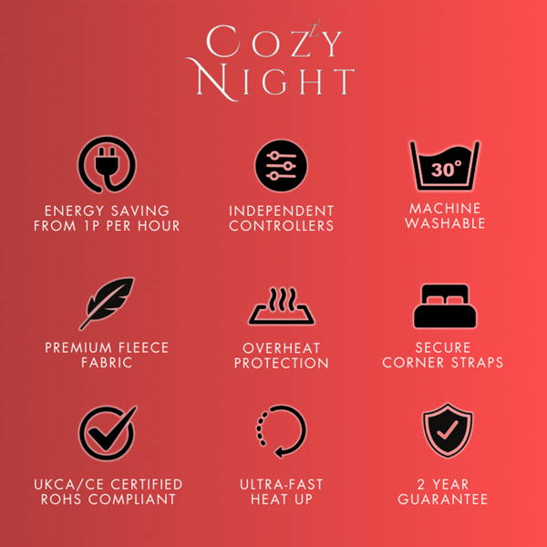 Cozy Night Single Size Electric Blanket Heated with 3 Heat Settings - Quick Fit Underblanket - Fleece Material Machine Washable
