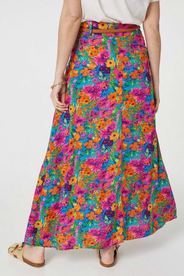 Pink | Floral Print Belted A-Line Maxi Skirt