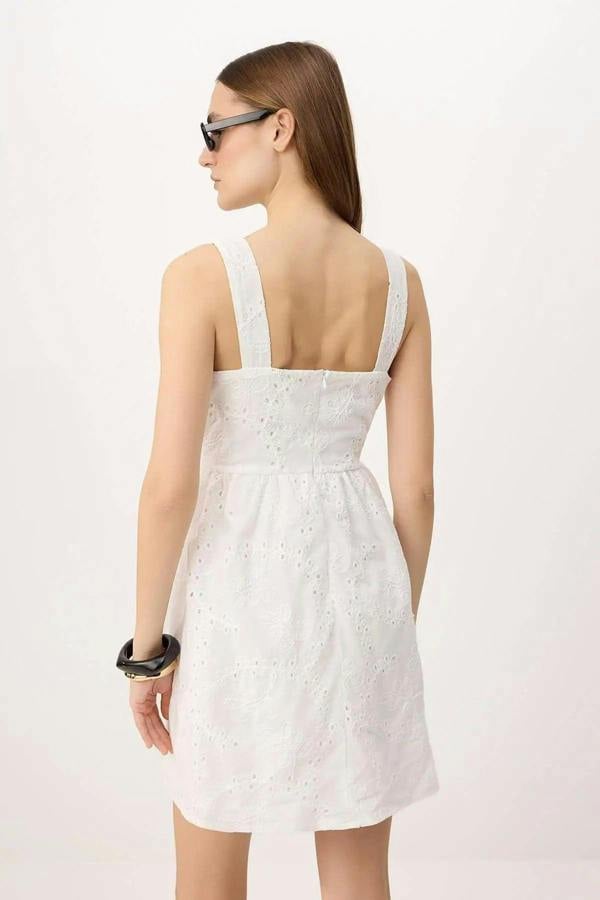 Square Neck Wide Strap Skater Mini Broderie Dress