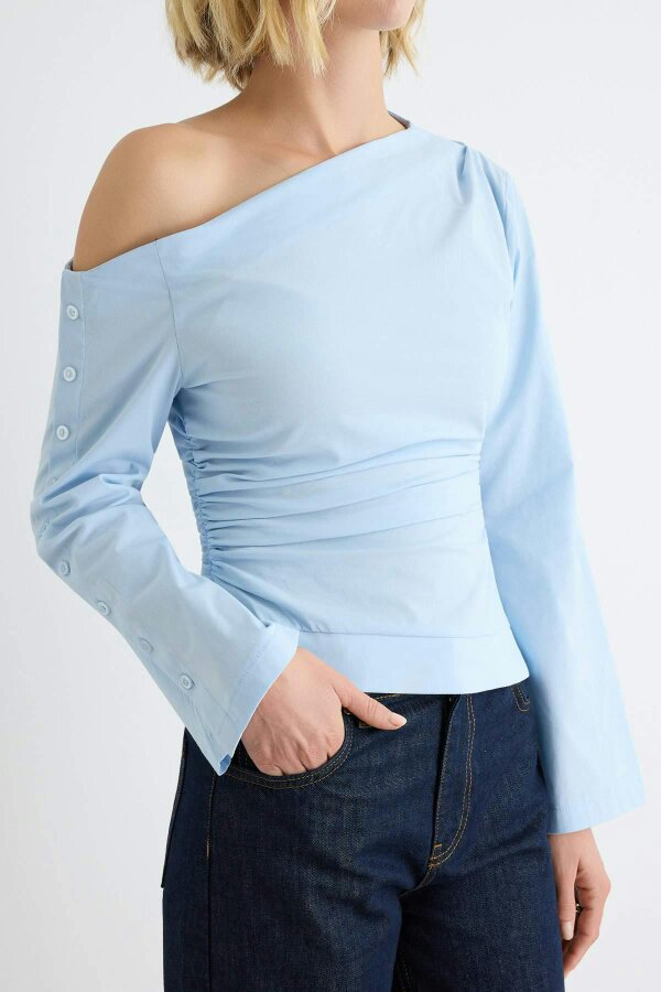 WOVCOR Asymmetric Neck Standard Sleeve Poplin Blouse