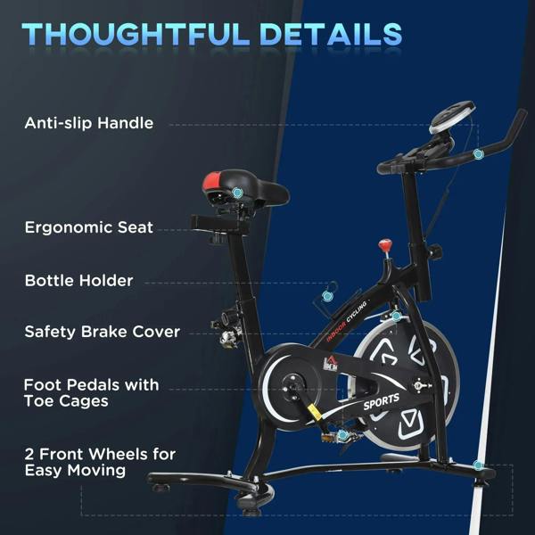 Black stationary bike details: anti-slip handle, ergonomic seat, bottle holder, toe-pedal cages