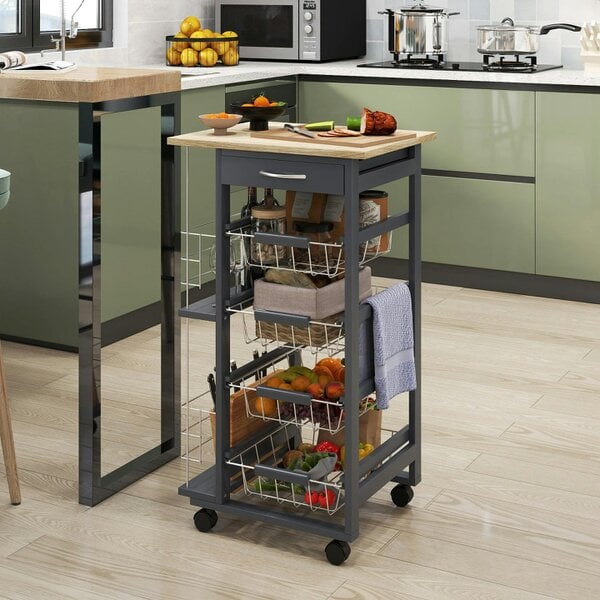 Wyld Haus Nerake Metal Grey Rolling Kitchen Cart With 4 Basket Drawers And Side Racks