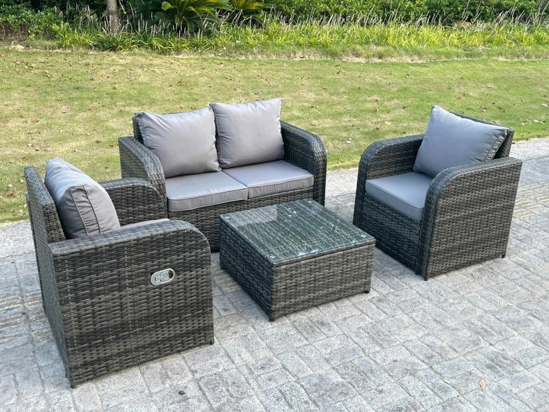 Fimous PE Rattan Garden Furniture Set Adjustable Chair Sofa Double Love Seat 2 Seater Sofa Square Coffee Table