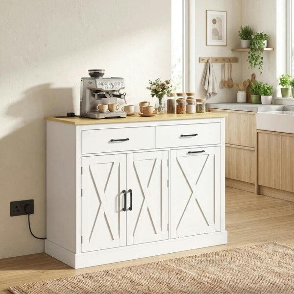 Tilt Out Trash Cabinet with Charging Station, Kitchen Island with Storage, 57 Liter Hidden Rubbish Bin Storage, White