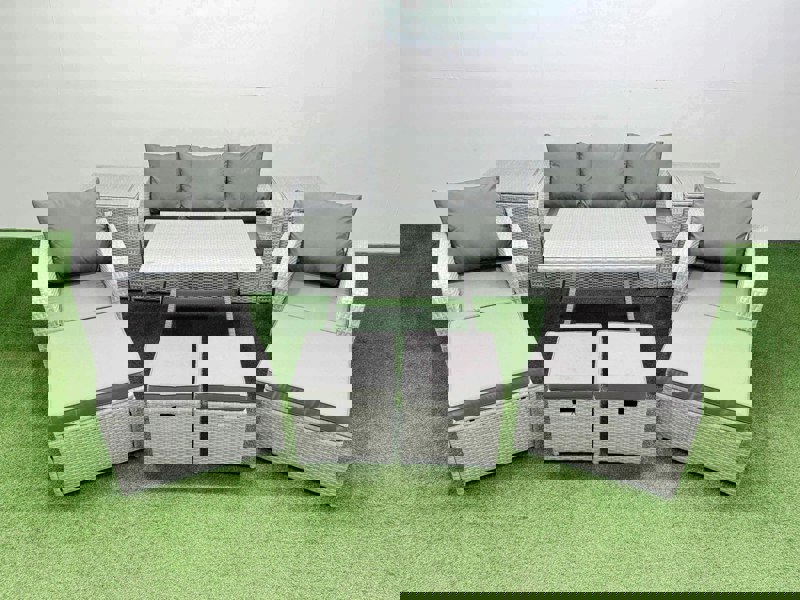 Fimous Rattan Garden Furniture Dining Set 9 seater Patio Rectangular Table Sofa Set with 2 Side Tables 4 Stools Light Grey