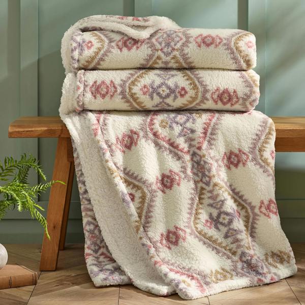 Catherine Lansfield Navajo Fleece Cosy Sherpa Reverse Blanket Throw Natural
