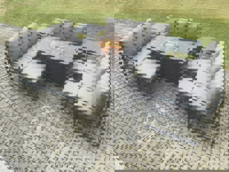 Fimous Aluminium Garden Furniture Outdoor Set Patio Lounge Sofa Gas Fire Pit Dining Table Sets with 3 Footstools 2 Side Tables Dark Grey