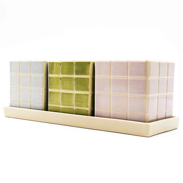 Upper Street Set of Three Cool Pastel Tile Design Ceramic Planters with Tray