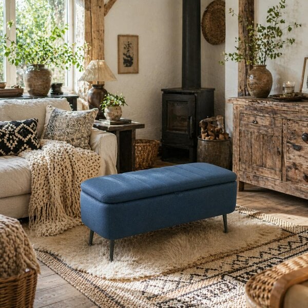 Wyld Haus Sudina Linen Look Rectangle Dark Blue Storage Ottoman
