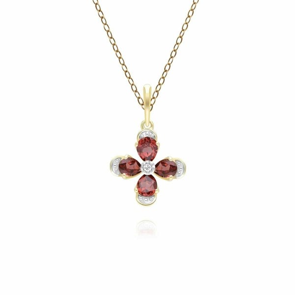 Gemondo Floral Garnet & Diamond Pendant Necklace in 9ct Yellow Gold