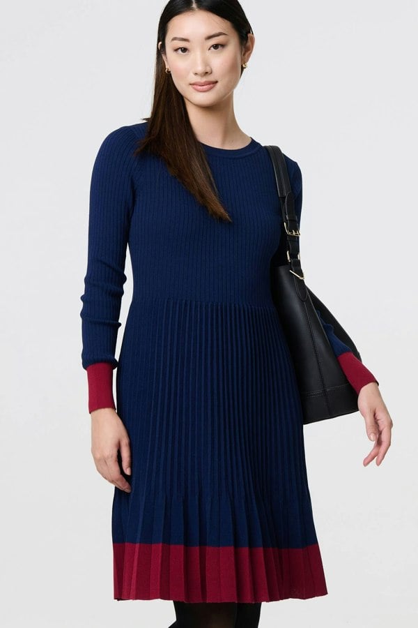 Navy | Colour Block Tie Neck Short Jumper Dress
