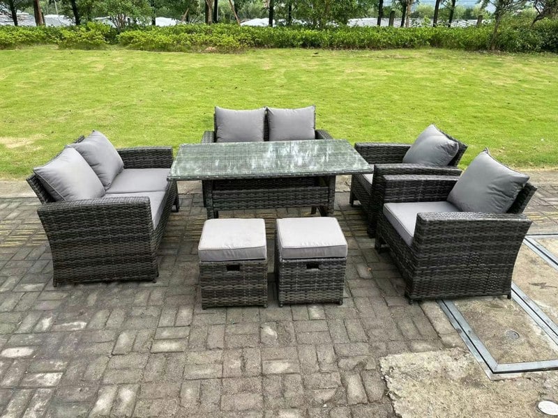 Fimous 8 Seater High Back Dark Grey Mixed Rattan Sofa Dining Table Set Garden Furniture Love Sofa Arm Chair Stools