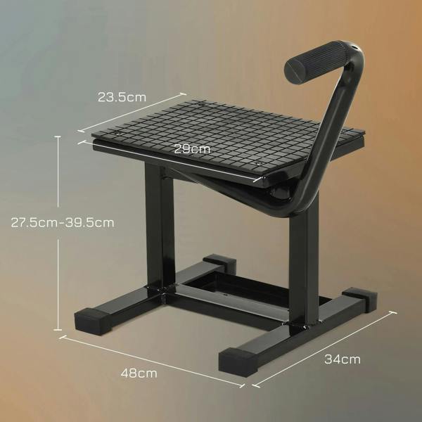 Black steel motorbike jack lift with grid platform and adjustable frame