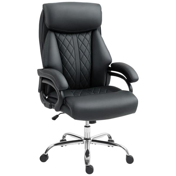 Black executive office chair with quilted back, padded arms, chrome base and casters