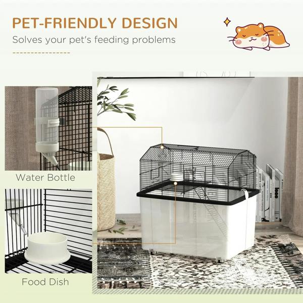 Black hamster cage with water bottle and food dish attached to the wire upper tier