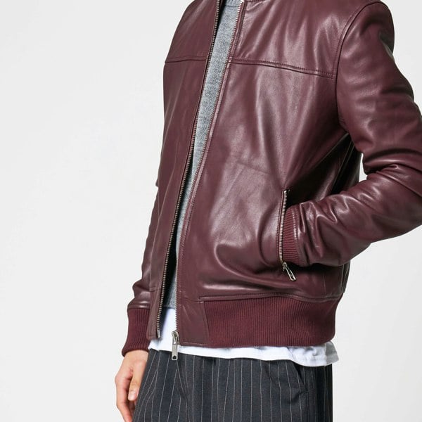 Barneys Originals Men's Burgundy Leather Bomber Jacket