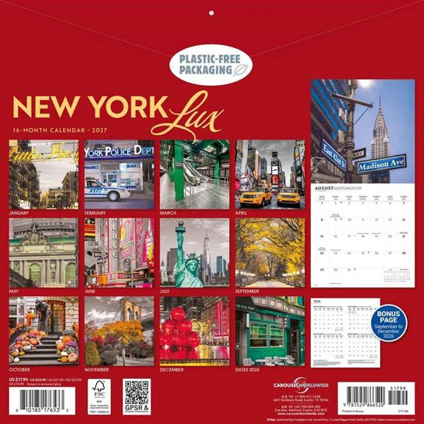 New York Lux Calendar 2027, Wall Calendars, Month To View, Travel, Gift