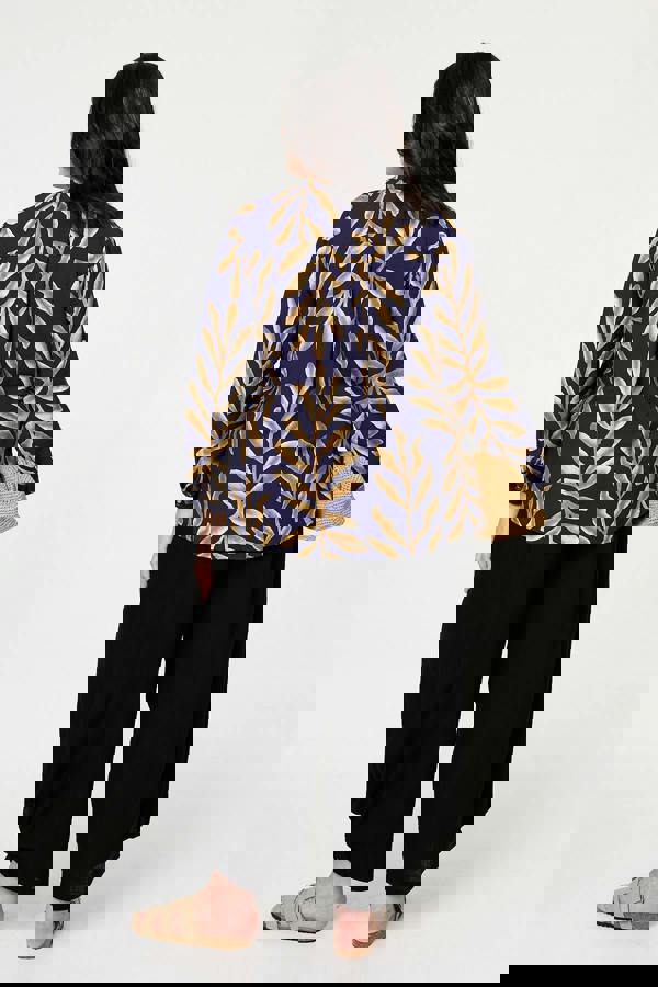 Navy | Curve Leaf Print Turn-Up Sleeve Blouse