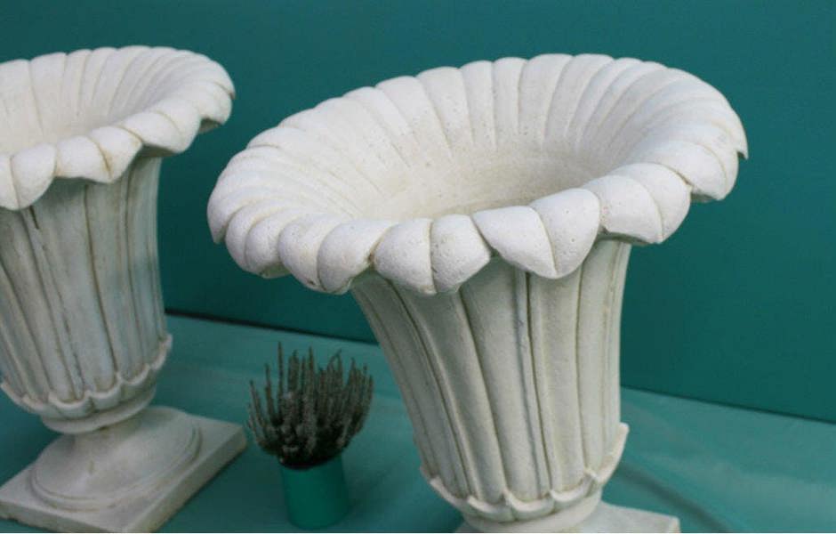 PAIR of GIANT Classic Ancient Greek Style Fluted Vases in White Stone Cast Pots