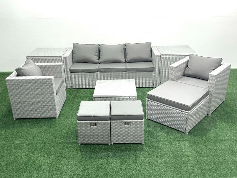 Fimous Rattan Garden Outdoor Furniture Sofa Set with Square Coffee Table 2 Chairs 3 Footstools 2 Side Tables Light Grey Mixed