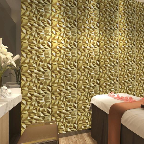 ENER-J 3D PVC Wall Panel, Faceted Diamond Design, Gold, Size: 500x500x1mm | Pack of 4
