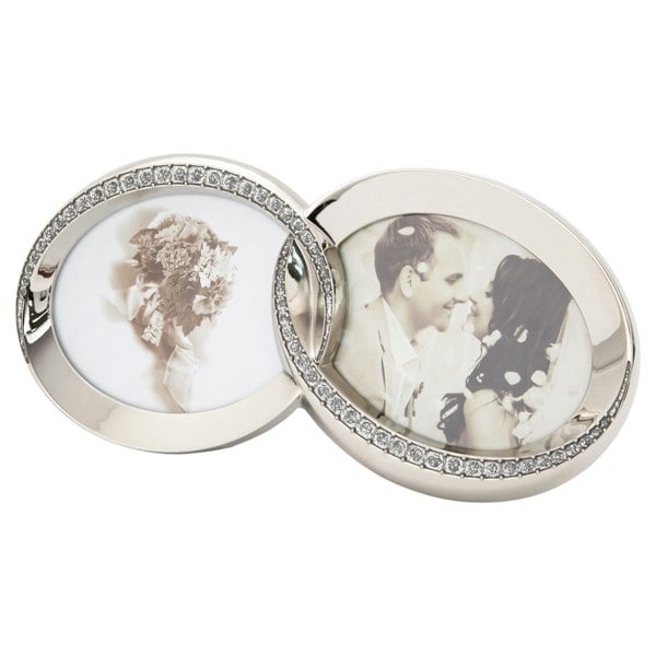 Double Heart Silver Picture Frame with Square Etched Diamante Crystals Image 1