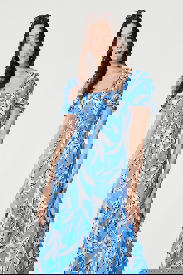 Blue | Leaf Print Smocked Midi Dress
