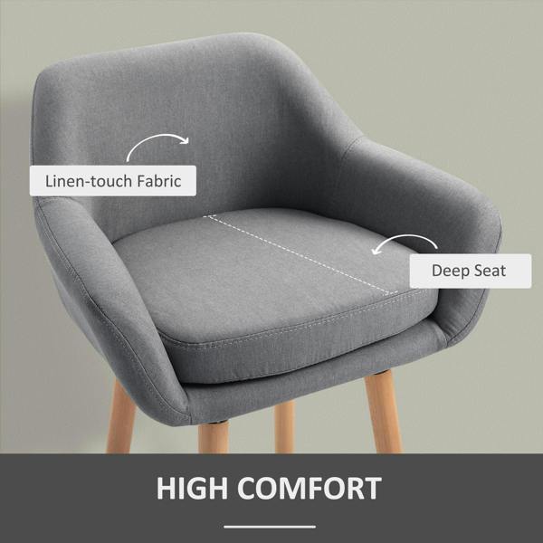 Grey upholstered bar stool with linen-touch fabric, deep seat, and wood legs