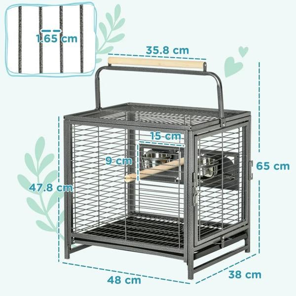 Black wire bird cage travel carrier with top handle, interior perch, and base tray.