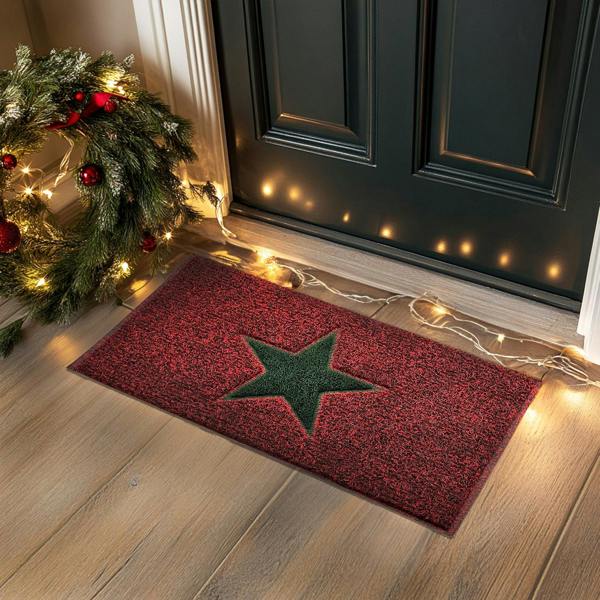 Nicoman Christmas Star PVC Spaghetti Doormat - Red & Green Design