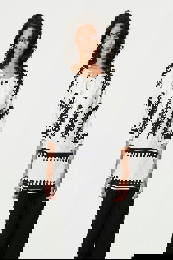 White | Ikat Print Tassel Tie Neck Blouse
