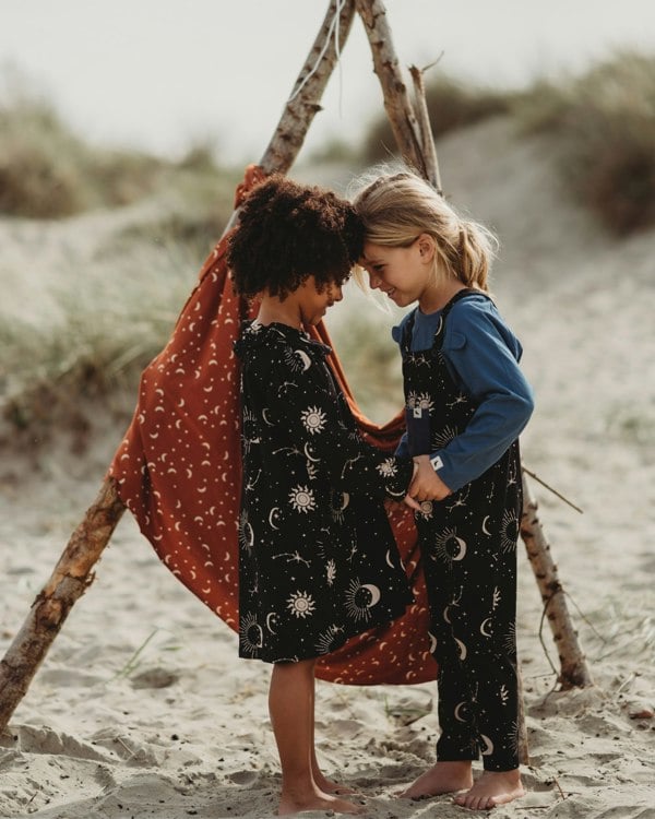 organic cotton Black Celestial Print Ruffle Neck Dress- image 3