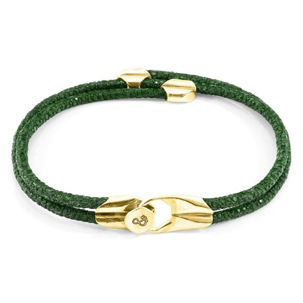 Anchor & Crew Racing Green Conway 9ct Yellow Gold and Stingray Leather Bracelet