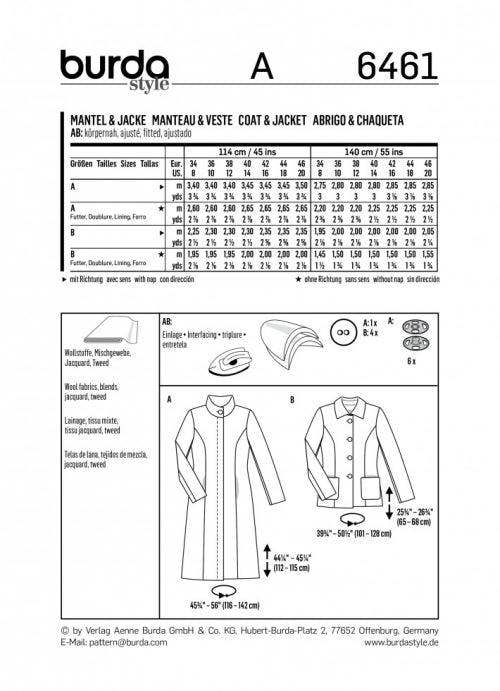 Burda Sewing Pattern 6461 Coats and Jackets For Women, 8 to 20 - Intermediate