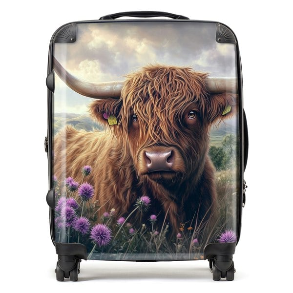 Warren Reed Scottish Thistle And Highland Cow Suitcase