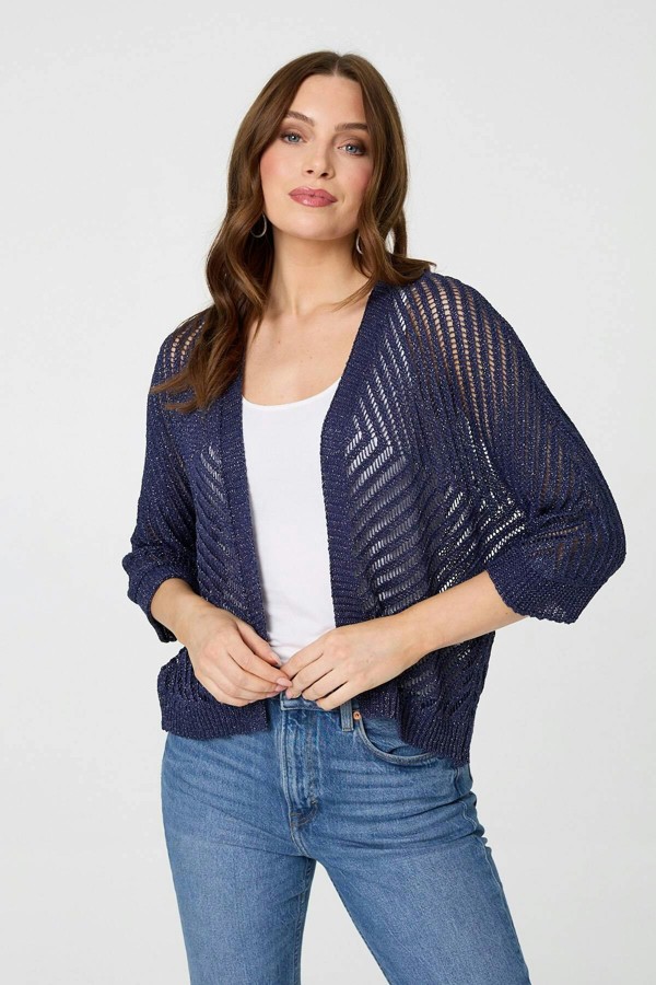 Izabel London Chevron Texture Mesh 1/2 Sleeve Cardigan - Navy