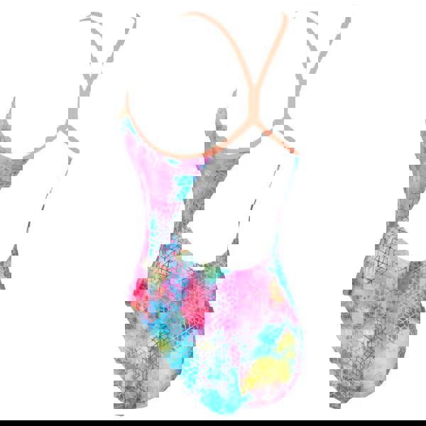 Pink Zoggs Paradox Sprintback swimsuit in multicolored tie-dye with geometric patterns and orange straps