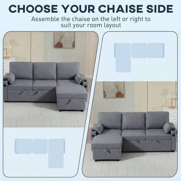 Corner Sofa Bed, L Shaped Sleeper Sectional Sofa with Reversible Storage Chaise, Grey