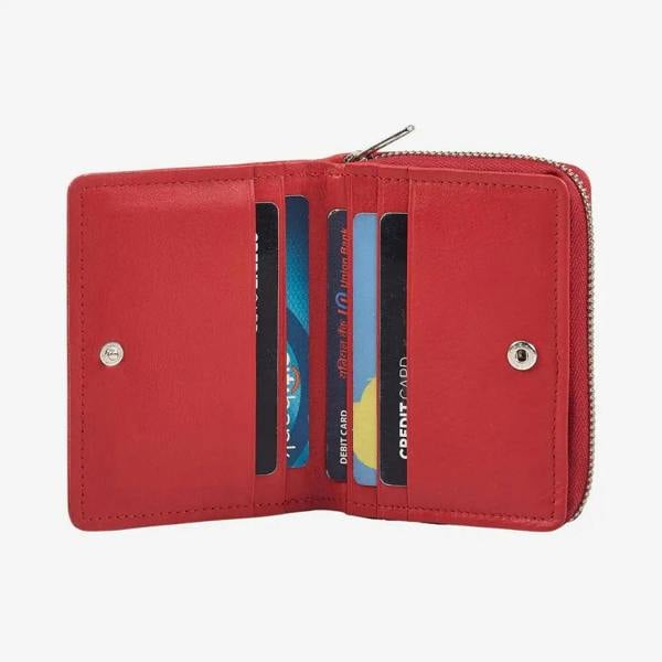 Red real leather card holder with seven card slots