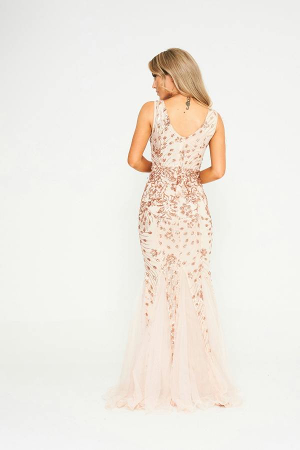 LuvForever Ember - Champagne Mesh Sequin Maxi Dress