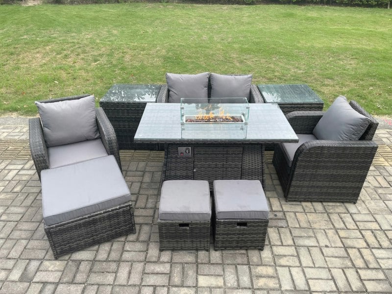 Fimous Rattan Garden Furniture Set Outdoor Patio Gas Fire Pit Dining Table and Chairs with Love seat Sofa 3 Footstools 2 Side Tables