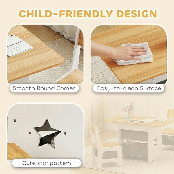 Bobobiy Kids Table and Chair Set, Toddler Table and 2 Chairs Set with 6 Removable Drawers, for Boys Girls Ages 3-8, Natural