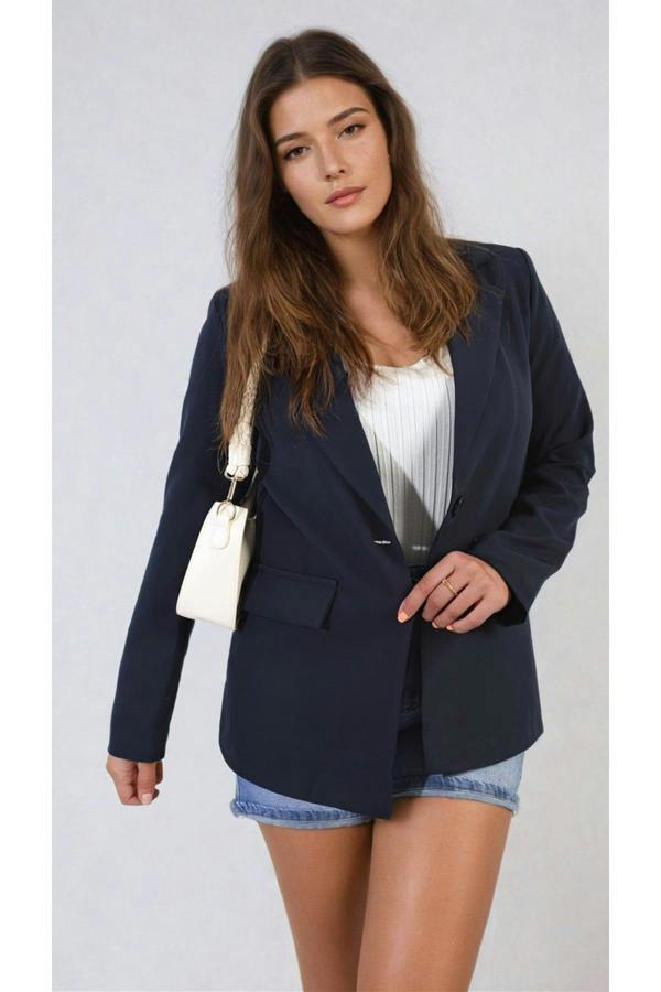 Jemma Open Front Oversized Casual Blazer - Navy