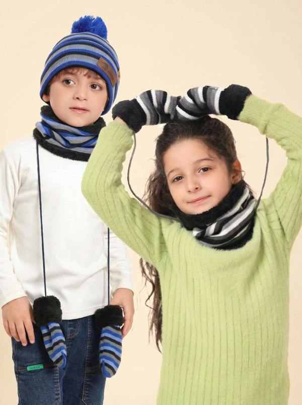 Anniou Kids Striped Knit Hat Scarf Mittens  Set
