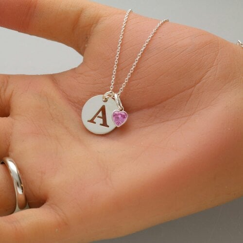 Christopher James of London Sterling Silver Initial Disc & Heart Birthstone Necklace