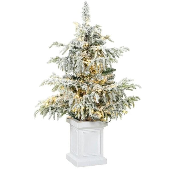 Bobobiy 3ft Prelit Flocked Christmas Tree, Artificial Snow Flocked Spruce with 100 Warm White LED Lights, 8 Modes, Green