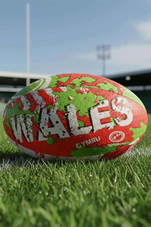 Red, green and white Optimum Wales rugby ball with WALES CYMRU print on a pitch by stadium floodlights - Optimum