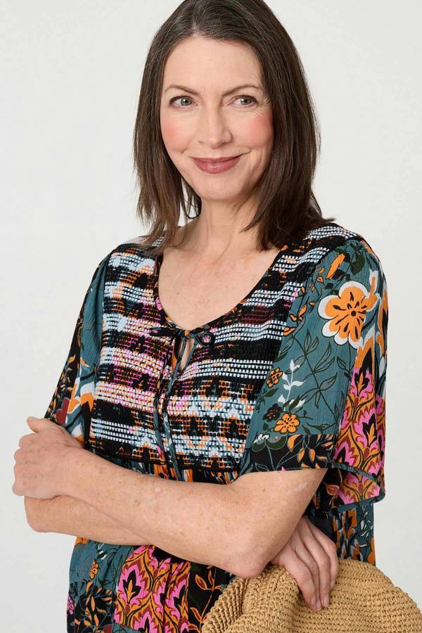 Teal | Floral Tie Front Relaxed Smock Blouse