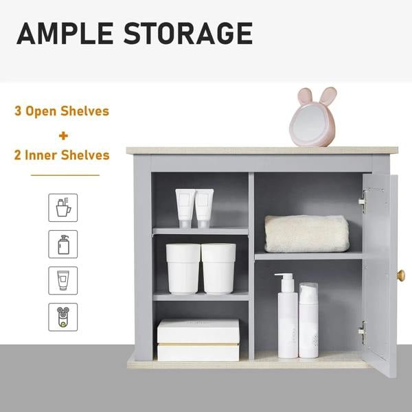 Grey wall mirror cabinet with two inner shelves and open shelves inside